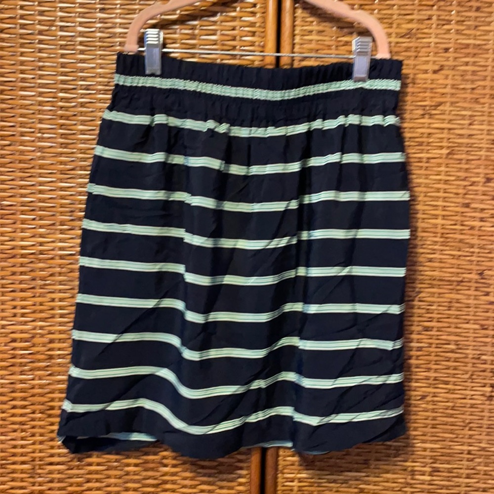 Club Monaco navy/green/white striped silk skirt elastic waist size Small EUC